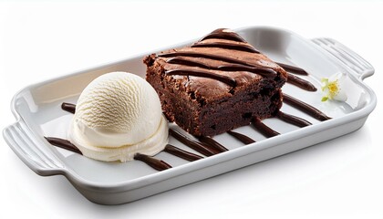 chocolate brownie with chocolate syrup and vanilla ice cream scoop in white tray isolated on white background
