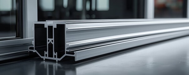 Close-up of shiny aluminum alloy window frames on blurred background