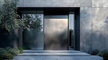 A front door with a rectangular cutout framed in polished aluminum 