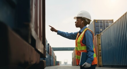 Obraz premium Woman wearing a safety vest points to a container