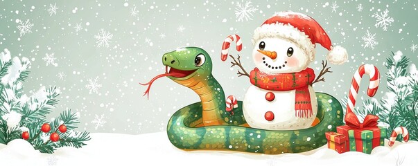 Whimsical cartoon snake and snowman in festive winter scene