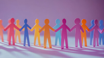 Colorful paper dolls holding hands in a row