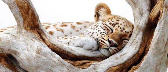 Obraz premium A peaceful leopard rests comfortably on a twisted branch, showcasing its beautiful spotted fur against a serene backdrop.
