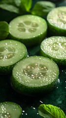 Slices of Cucumber with Fresh Mint Leaves
