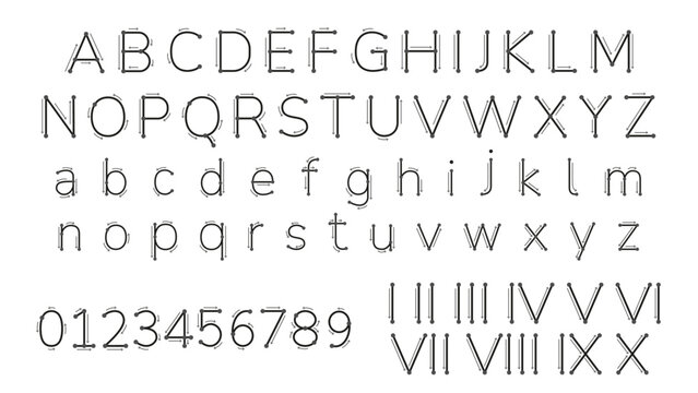 English Font Alphabet Letters Outline Uppercase and Lowercase for Learning Writing. Preschool Kids Basic Writing Skills. School learning lettering. Vector illustration.