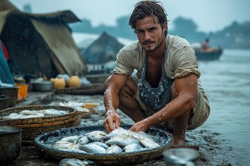 Clean catch near a river camp showcases local fishing lifestyle and skillful maintenance