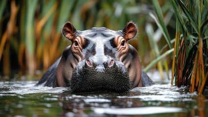 Fototapeta premium A serene hippo surfaces in lush greenery, showcasing its massive head and distinctive features in calm water.