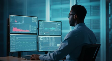 Man is sitting at a desk with four computer monitors in front of him