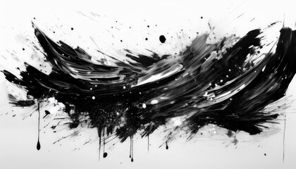 Dynamic and Expressive Abstract Artwork Large Black Ink Brush Strokes and Splashes on a White...