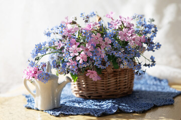 Bouquet of spring flowers in a basket on the table, forget-me-nots and phloxes, watering can, lace napkin, sunlight, beautiful still life