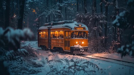 Obraz premium 19th century tram traveling through snow covered tracks in a charming european cityscape