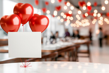 Mockup of an ad with blank sheet hanging on red heart-shaped balloons on table in cafe. Concept of an ad about promotions and discounts in cafe for holiday. Special offer for lovers on Valentine's Day