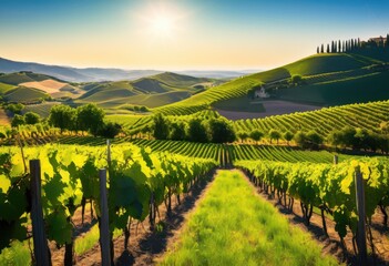 Fototapeta premium breathtaking vineyard landscape featuring lush green hills vibrant clusters grapes under clear blue sky, scenery, nature, fields, sunlight, farmland