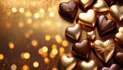 wo shiny chocolate hearts nn gold glitter background st valentine s day card concept with copyspace for text sweet candy gift