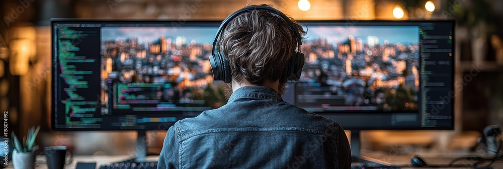 Poster programmer working on multiple screens in a cozy workspace with headphones