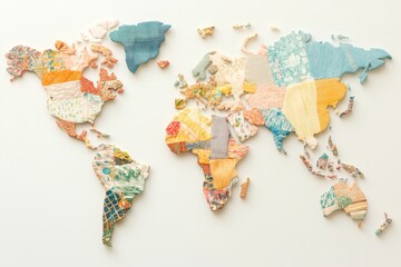 Colorful world map created from patchwork textile pieces showcasing various fabrics and textures representing different regions and countries around the globe
