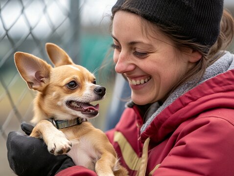 Joyful shelter worker interacting with a small rescued dog in an animal adoption facility setting