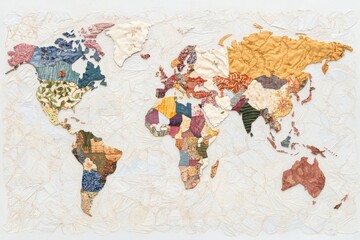 Patchwork textile world map showcasing diverse cultures and regions intricately designed with various fabric patterns in an artistic representation of global geography