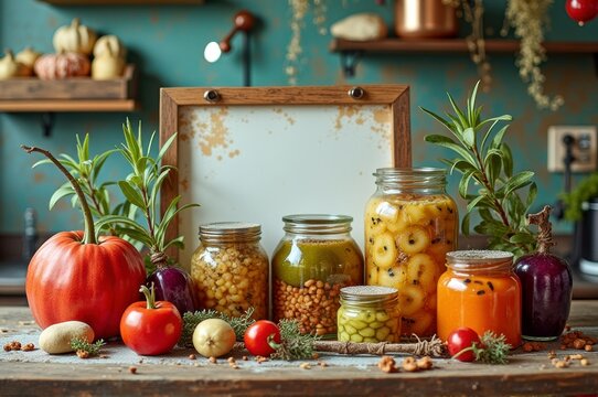 Rustic kitchen pantry with diverse jars of preserved vegetables and herbs