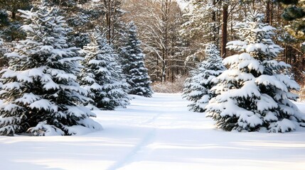 Fototapeta premium Winter Wonderland: Snow-Covered Pine Trees Pathway
