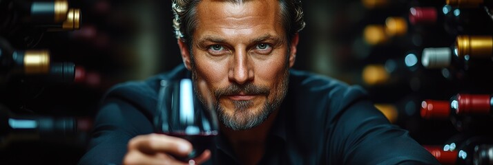 Sommelier tasting red wine in a wine cellar with bottles prominently displayed