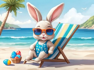 Happy Easter baby bunny wearing sunglasses and swimsuit resting on beach lounge chair
