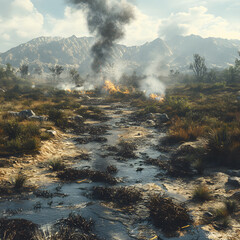Fototapeta premium Smoke rises above a burning landscape near a stream in a mountainous region during late afternoon