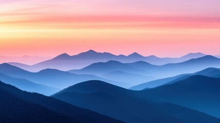 Fototapeta premium Mountain landscape with peaks at pastel sunset
