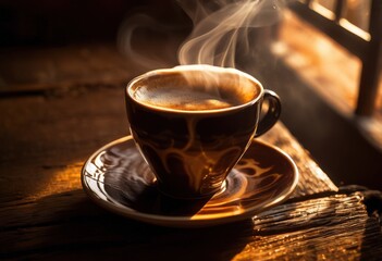 Fototapeta premium captivating close steaming coffee cup set rustic wood table highlighting rich colors textures, beverage, mug, ceramic, warmth, drink, hot, caffeine, organic
