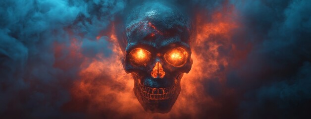 Fototapeta premium A skull with radiant eyes and beams shooting from the eye sockets stands against a dark gray background, interspersed with tiny golden fire particles and encircled by swirling smoke