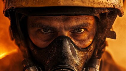 Fototapeta premium Determined, the firefighter's eyes shimmer with the orange light of sunset during a demanding task