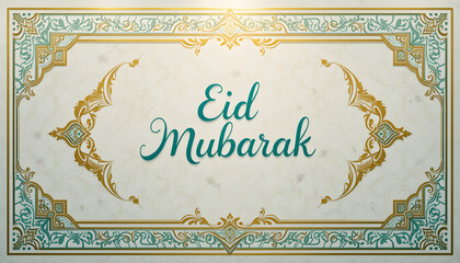 Elegant Eid Mubarak greeting card with ornate gold and teal frame on marble background.