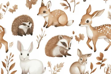 Selbstklebende Fototapeten An isolated watercolor painting of a rabbit, raccoon, fox, hedgehog, and deer in a forest scene © MAGIC