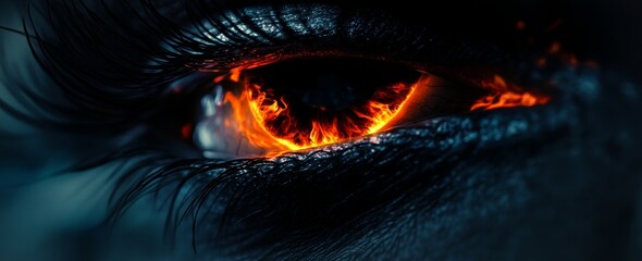 Fototapeta premium Detailed view of an eye with an eye-catching design where bright orange and yellow flames twist and turn. The precise textures and patterns display the fiery passions and emotions in the eye