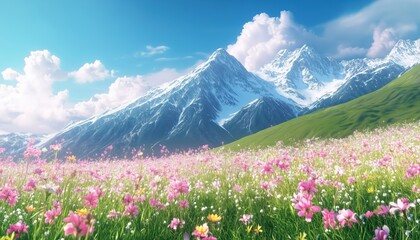 Fototapeta premium Stunning Summer Landscape In Kalajun Grassland: Vibrant Flowers And Snow-Capped Mountains Adorn Xinjiang'S Picturesque Scenery