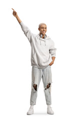 African american guy with headphones pointing with finger