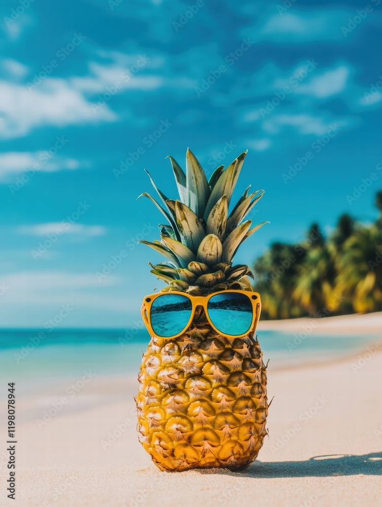 Poster cheerful pineapple wearing sunglasses enjoys a sunny day at the beach with clear skies and palm tree