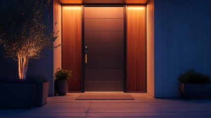 A front door with a recessed handle that glows with LED lighting 