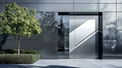 A front door with a recessed handle that runs diagonally across the surface 