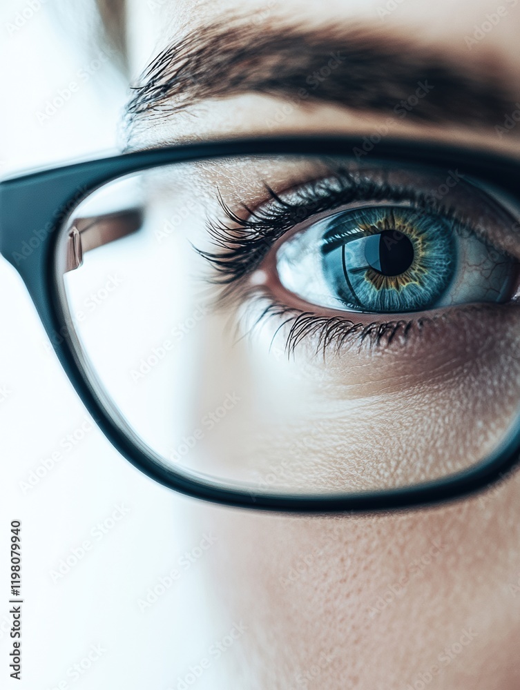 Poster Close up view of a blue eye behind glasses with detailed iris and eyelashes observed in a bright indoor setting. Generative AI