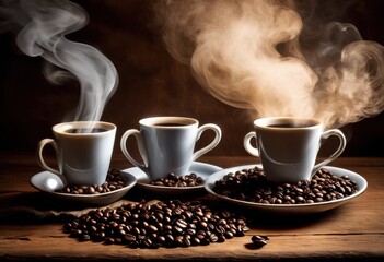 Fototapeta premium dramatic shadow play featuring coffee cups beans artistic composition, aroma, beverage, brew, craft, drink, espresso, flavor, gourmet, kitchen, light