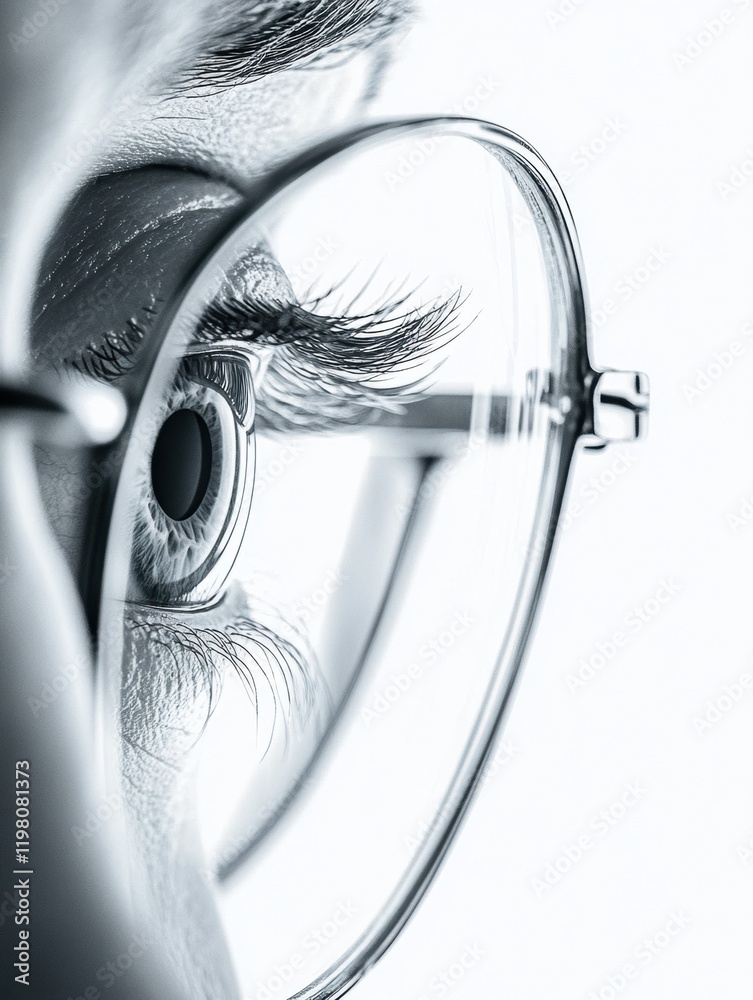 Poster Close up view of a human eye with glasses showcasing intricate details and reflections in calm lighting. Generative AI