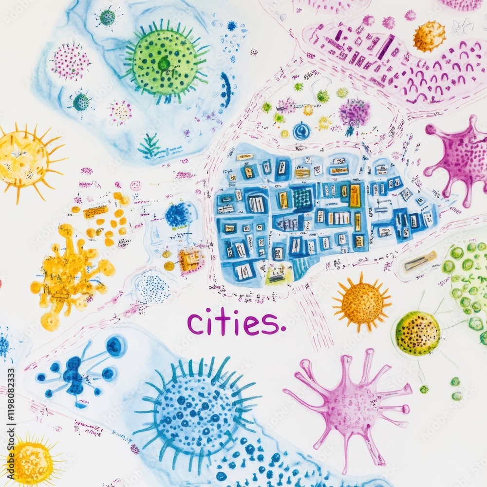 Poster playful depiction of bacteria colonies as colorful cities in an imaginative map design. generative a