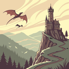 Fantasy Castle Landscape with Dragons