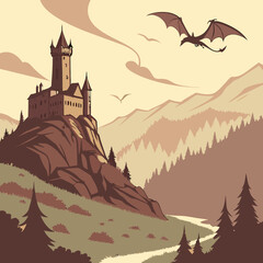 Fantasy Castle Landscape with Dragons