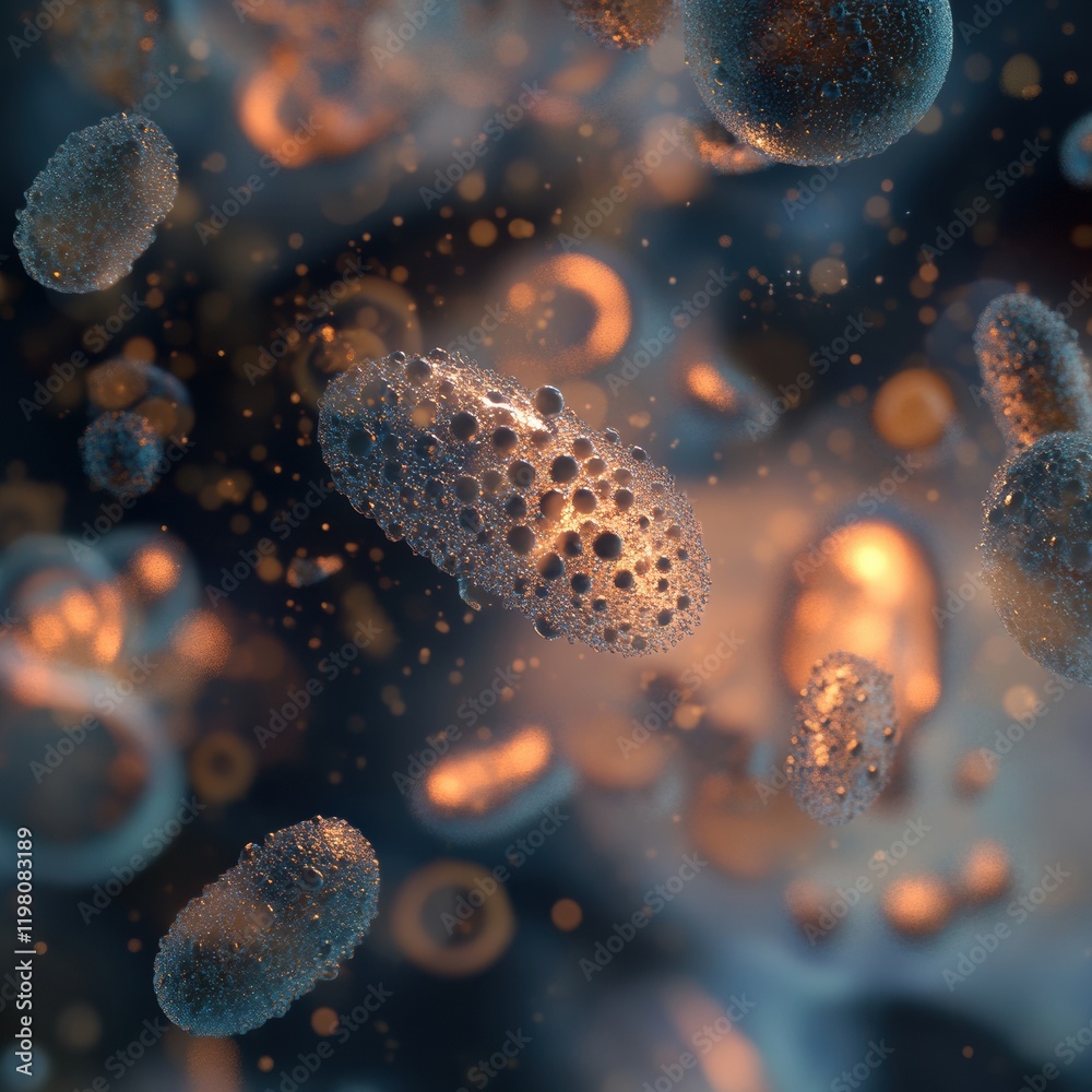 Aufkleber Explore vibrant 3D microbe renderings showcasing diverse microbial life in a dynamic environment. Generative AI
