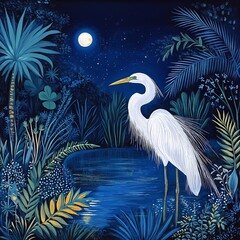 Elegant white heron beside a tranquil pond under a full moon, surrounded by lush