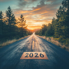 Scenic Road Towards a Bright Future: Vision of 2026 with Sunset Over Forested Landscape