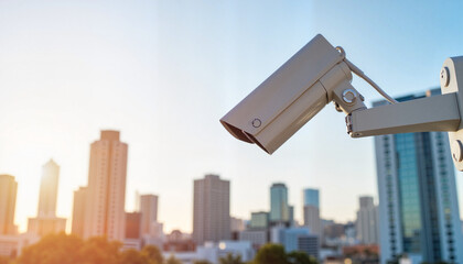 Naklejka premium AI surveillance camera overlooking cityscape at sunset, urban security