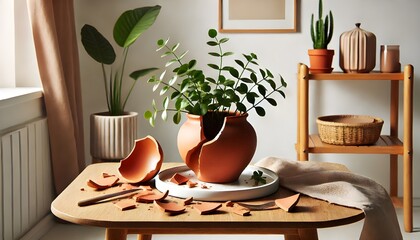 Fototapeta premium Broken Clay Pot with Plant on Table
